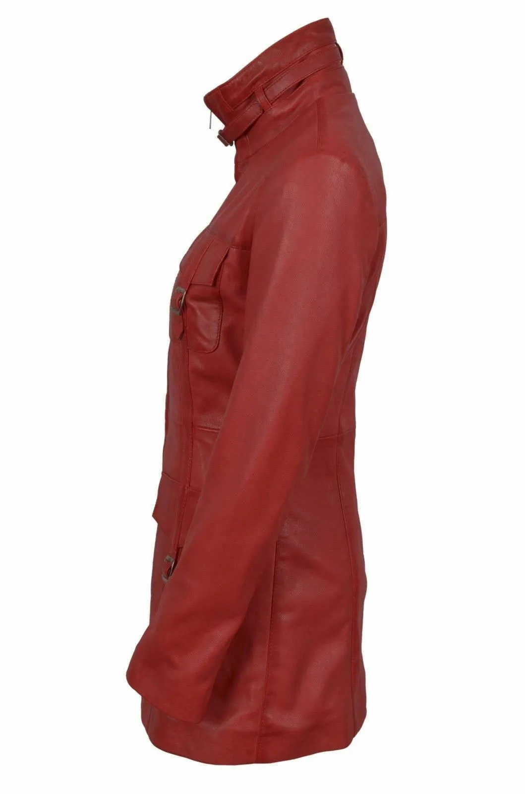 Womens Vintage Red Leather Long Trench Coat