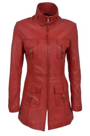 Womens Vintage Red Leather Long Trench Coat