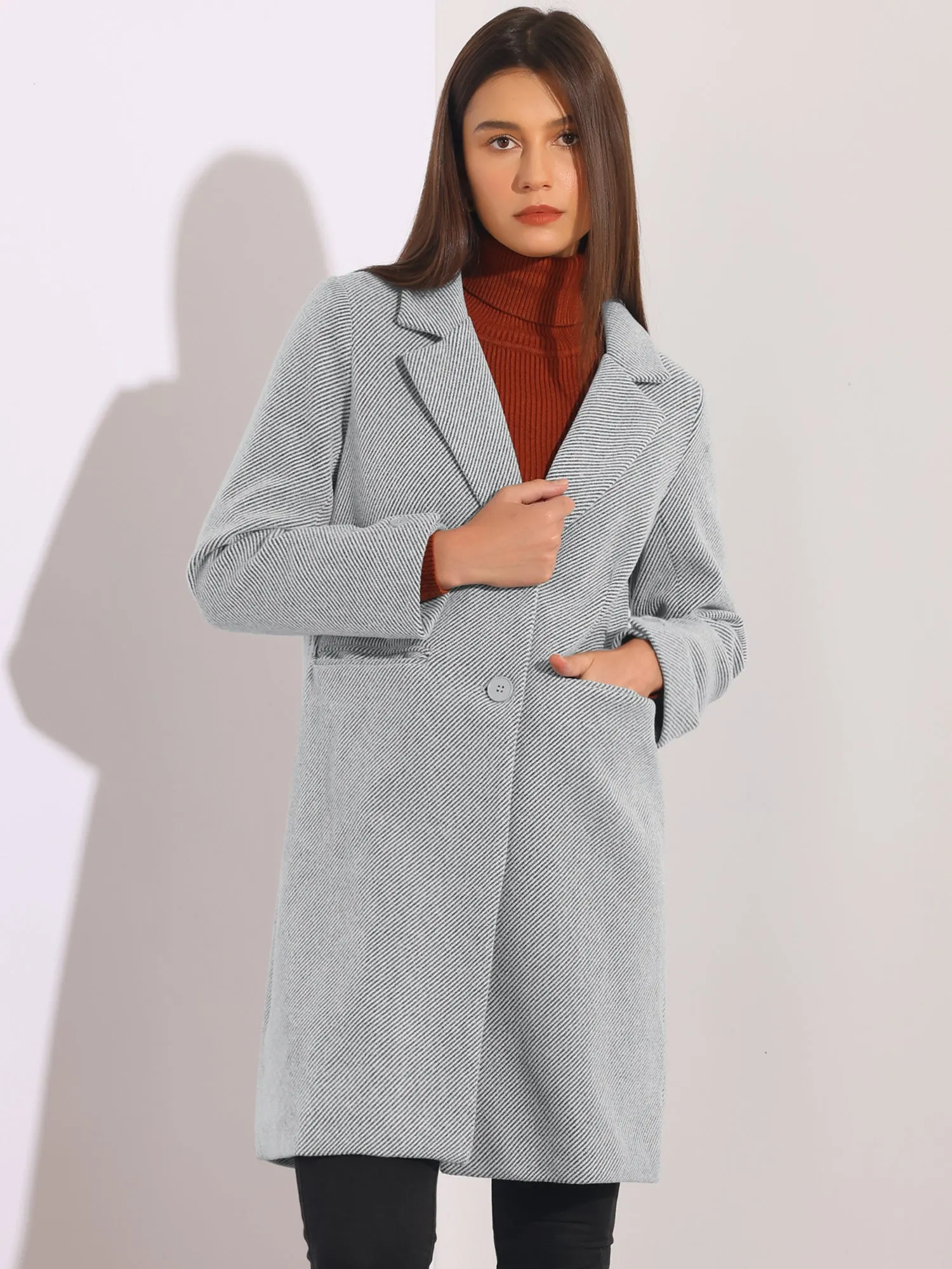 Women's Winter Coats Striped Notched Lapel Collar Single Breasted Outerwear Blazer Coat
